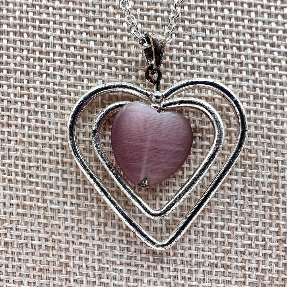 Vintage Y2K Pink Stone Silver Tone Triple Heart Pendant Necklace Women's Jewelry